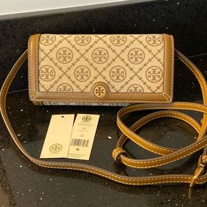 Tory Burch T Monogram Jacquard Wallet Crossbody Clutch Fanny Pack Hazelnut EUC